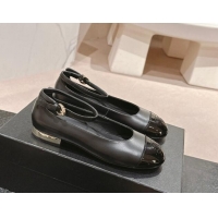 Duplicate Chanel Calfskin & Patent Leather Mary Janes Ballet Flats G46024 Black 1016156