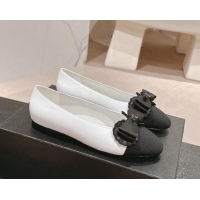 Best Product Chanel Calfskin & Grosgrain Ballet Flat with Bow White/Black 1017008