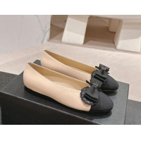 Good Product Chanel Calfskin & Grosgrain Ballet Flat with Bow Beige/Black 1017009