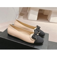 Good Quality Chanel Calfskin & Grosgrain Ballet Flat with Bow Beige 1017012