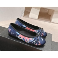 Shop Duplicate Chanel Classic Printed Grosgrain Ballet Flat with Bow Navy Blue 1017015