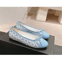 Grade Chanel Classic Embroidered Canvas & Calfskin Ballet Flat with Bow Light Blue 017019