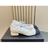 Good Quality Chanel Tweed, Sequins & Grosgrain Mary Janes Pumps White 1017028