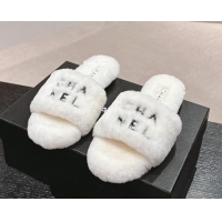 Good Looking Chanel Wool Fur Flat Slides Sandal with Letters White 1017030