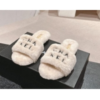 Classic Hot Chanel Wool Fur Flat Slides Sandal with Letters Beige 1017031