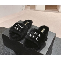 Low Price Chanel Wool Fur Flat Slides Sandal with Letters Black 1017032