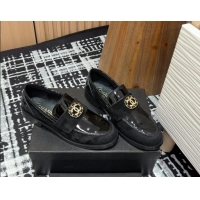 AAAAA Chanel Patent Calfskin & Suede Loafers with Circle CC Black 1017035