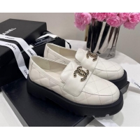 Hot Style Chanel Quilted Lambskin Platform Loafers 4.5cm with Chain CC White 1017041