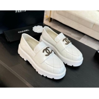 Stylish Chanel Quilted Shiny Calfskin Platform Loafers 5.5cm with Chain CC White 1017042