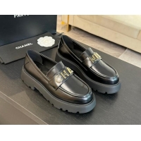 Sophisticated Chanel Shiny Calfskin Platform Loafers 5.5cm with Letters Black 1017046