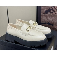 Stylish Chanel Oil Calfskin Platform Loafers 5.5cm with Letters White 1017047