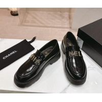 Sumptuous Chanel Patent Calfskin Platform Loafers 4.5cm with Letters Black 1017050