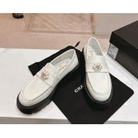 Unique Style Chanel Patent Calfskin Platform Loafers 4.5cm with Bloom White 1017051