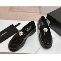 Buy Luxury Chanel Patent Calfskin Platform Loafers 4.5cm with Bloom Black 1017052