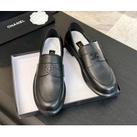 Grade Chanel Calfskin Loafers with Black Strass CC Black Leather 1017060