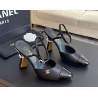 Original Cheap Chanel Patent Calfskin & Grosgrain Open Back Pumps 8.5cm with Strass and Pearls Black/Gold 1017061