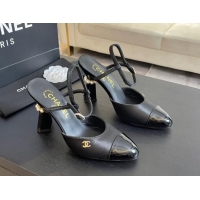 Most Popular Chanel Patent Calfskin & Grosgrain Open Back Pumps 8.5cm with Strass and Pearls Black 1017062