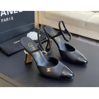 Hot Style Chanel Patent Leather & Calfskin Open Back Pumps 8.5cm with Strass and Pearls Black/Gold 1017063