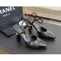 Stylish Chanel Patent Leather & Calfskin Open Back Pumps 8.5cm with Strass and Pearls Black 1017064