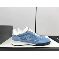 Shop Duplicate Chanel Dotted Denim & Suede Sneakers Blue 1017083