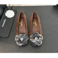 Luxurious Chanel Suede Ballet Flats with Velvet Camellia Bloom Brown/Grey 1017088