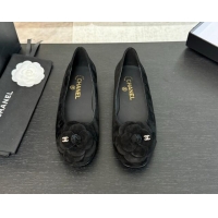 Pretty Style Chanel Suede Ballet Flats with Camellia Bloom Charm Black 1017089