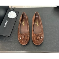 Best Price Chanel Suede Ballet Flats with Camellia Bloom Charm Brown 1017090