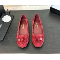 Purchase Chanel Suede Ballet Flats with Camellia Bloom Charm Red 1017091