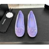 Good Quality Chanel Suede Ballet Flats with Camellia Bloom Charm Purple 017092