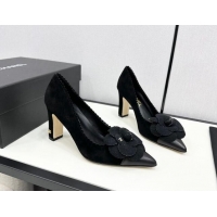 Low Price Chanel Suede & Calfskin Pointed Pumps with Camellia Bloom Black 1017102