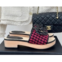 Sumptuous Chanel Tweed Wood Slides Sandal 4cm with Camellia Bloom Dark Pink/Black 1017104