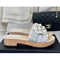 Stylish Chanel Tweed Wood Slides Sandal 4cm with Camellia Bloom Pink/Green 1017105