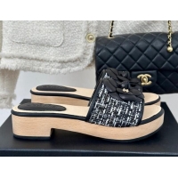 Perfect Chanel Tweed Wood Slides Sandal 4cm with Camellia Bloom Black/White 1017106