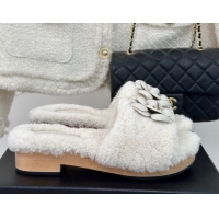 Low Cost Chanel Shearling Fur Slides Sandal 4cm with Camellia Bloom White 1017107