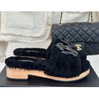 Perfect Chanel Shearling Fur Slides Sandal 4cm with Camellia Bloom Black 1017108