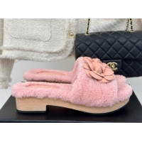 Original Cheap Chanel Shearling Fur Slides Sandal 4cm with Camellia Bloom Pink 017109