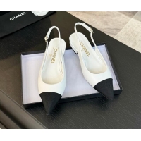 Top Grade Chanel Calfskin & Grosgrain Pointed Slingback Flats White 1017123