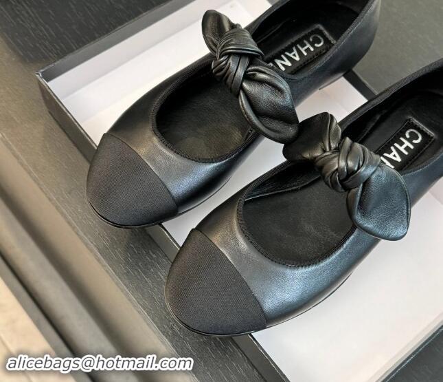 Grade Quality Chanel Lambskin Ballet Flats with Knot Bow Black 120002