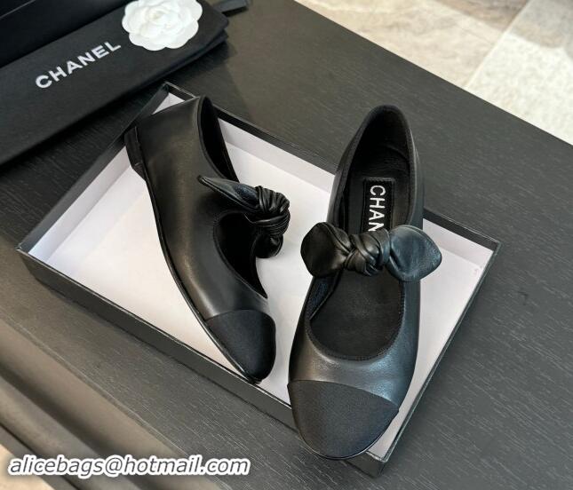 Grade Quality Chanel Lambskin Ballet Flats with Knot Bow Black 120002