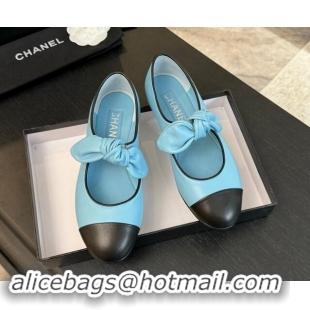 Unique Style Chanel Lambskin Ballet Flats with Knot Bow Light Blue 1120004