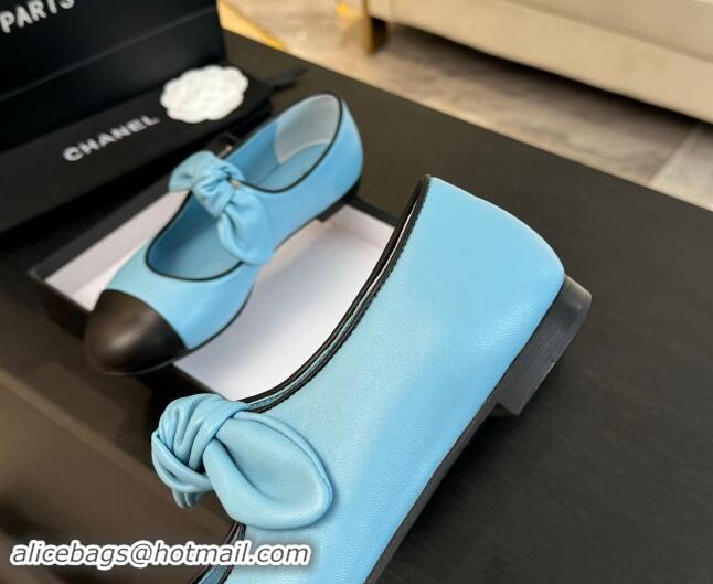 Unique Style Chanel Lambskin Ballet Flats with Knot Bow Light Blue 1120004