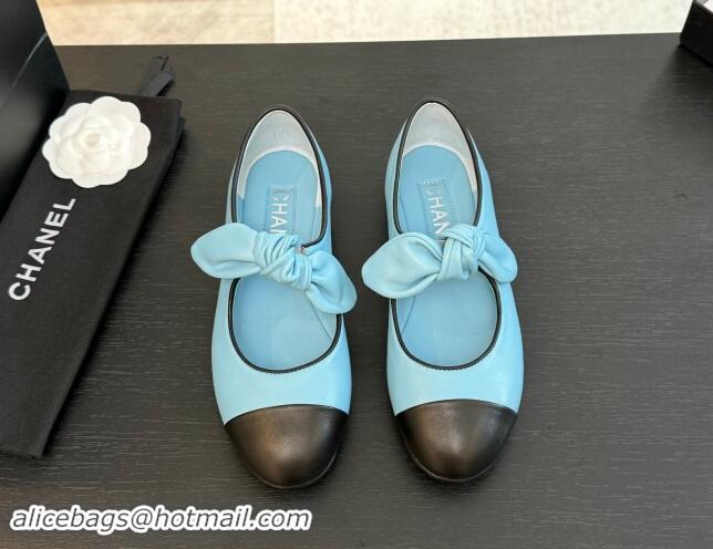 Unique Style Chanel Lambskin Ballet Flats with Knot Bow Light Blue 1120004