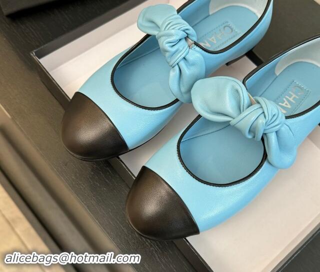 Unique Style Chanel Lambskin Ballet Flats with Knot Bow Light Blue 1120004