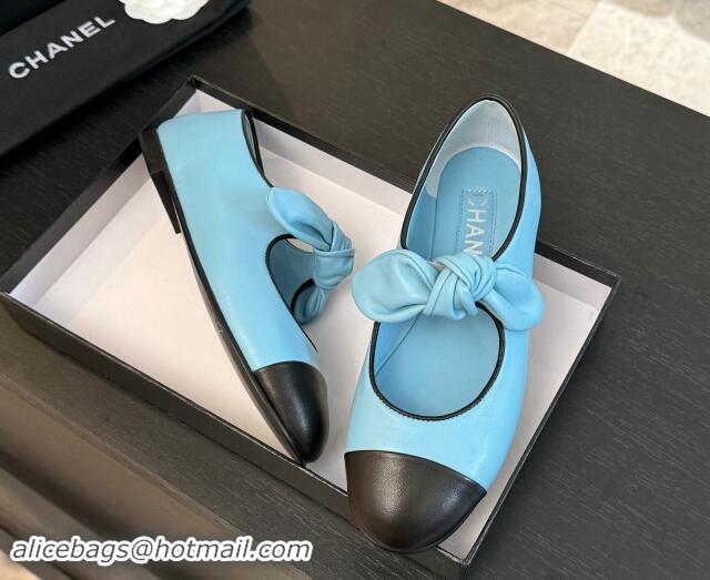 Unique Style Chanel Lambskin Ballet Flats with Knot Bow Light Blue 1120004