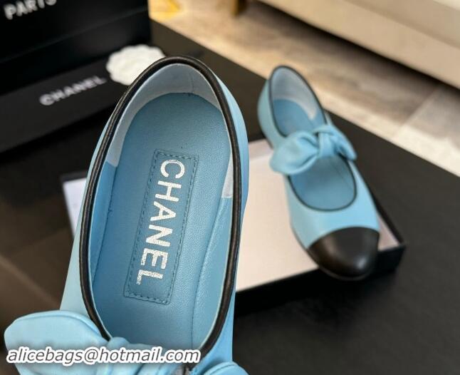 Unique Style Chanel Lambskin Ballet Flats with Knot Bow Light Blue 1120004