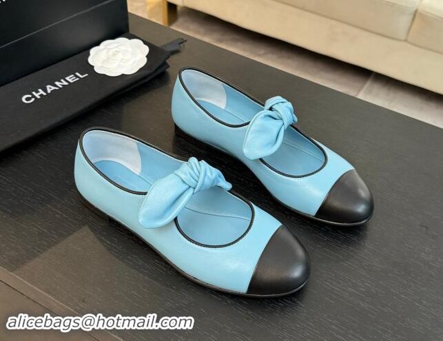 Unique Style Chanel Lambskin Ballet Flats with Knot Bow Light Blue 1120004