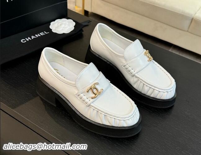 Popular Style Chanel Calfskin Loafers 5.5cm with Metal CC White 1120006