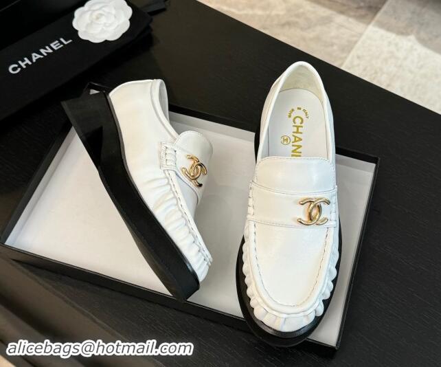 Popular Style Chanel Calfskin Loafers 5.5cm with Metal CC White 1120006