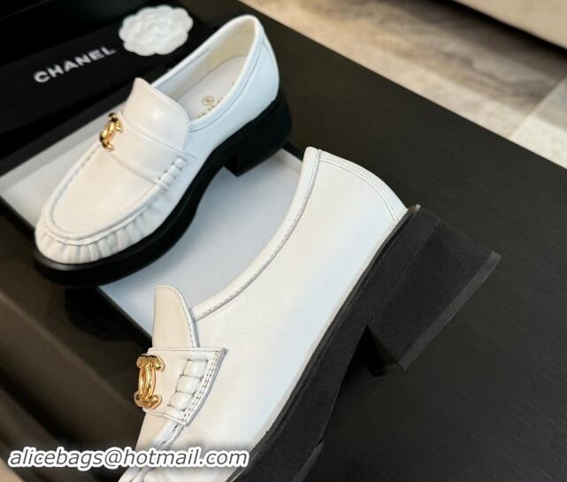 Popular Style Chanel Calfskin Loafers 5.5cm with Metal CC White 1120006