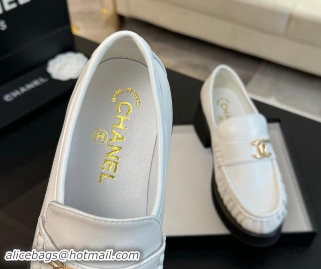 Popular Style Chanel Calfskin Loafers 5.5cm with Metal CC White 1120006